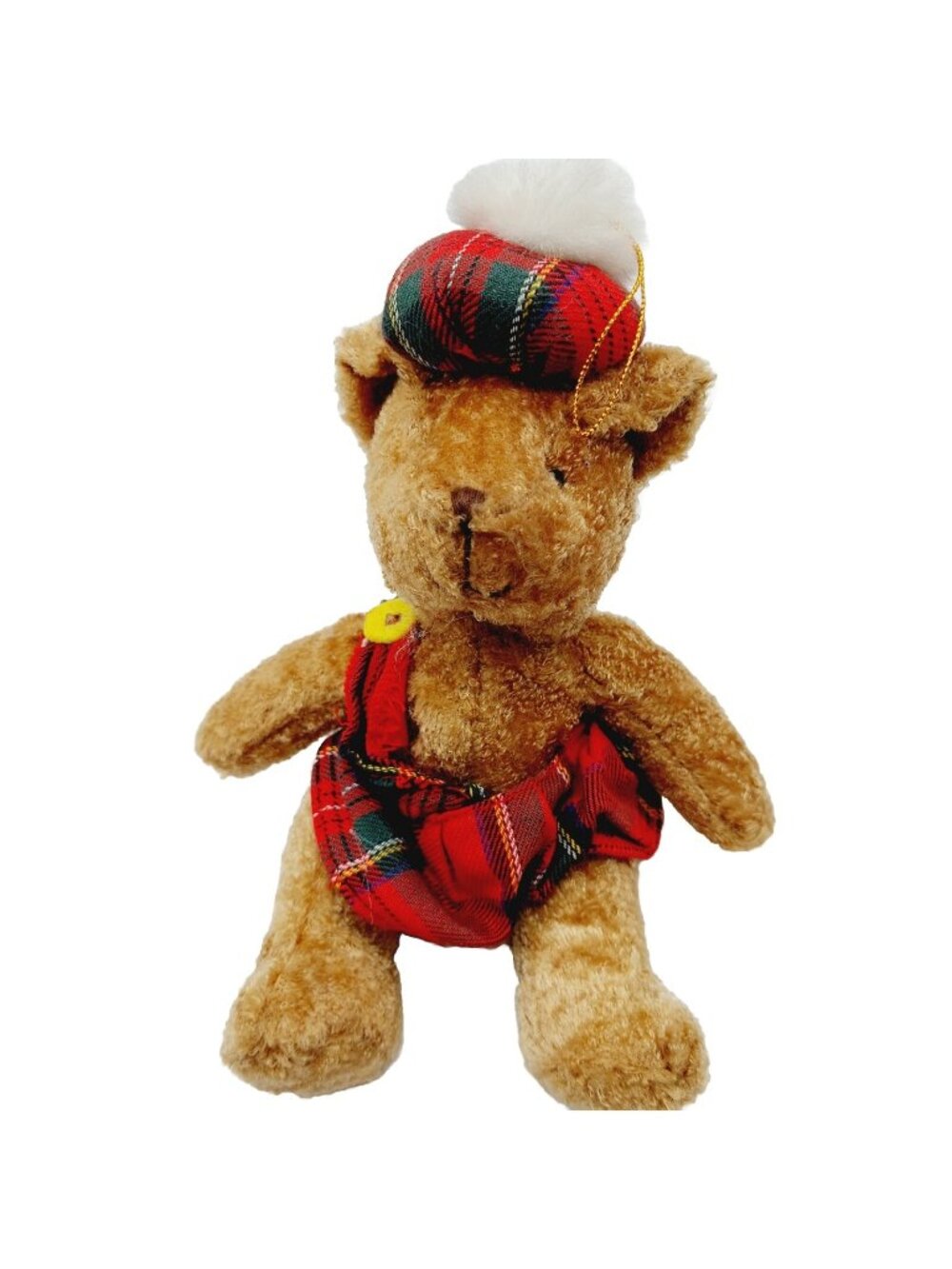 Heather Gift Co Scottish Teddy Bear 8" Brown Plush Red Plaid Cap  Kilt Ornament